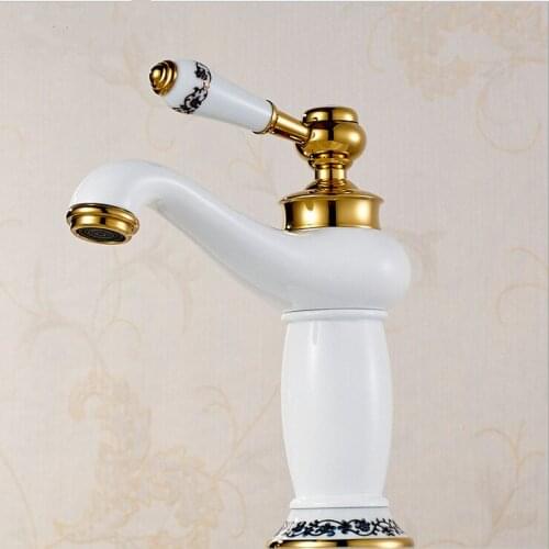 Free shipping White color golden bathroom faucet with single handle hot cold brass bathroom basin sink facuets