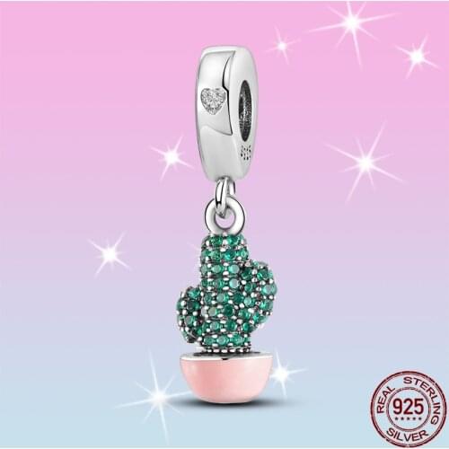HOT SALE 100% 925 Sterling Silver Pink Cactus Charm Beads Fit Original Pandora Bracelet Pendant Necklace Jewelry