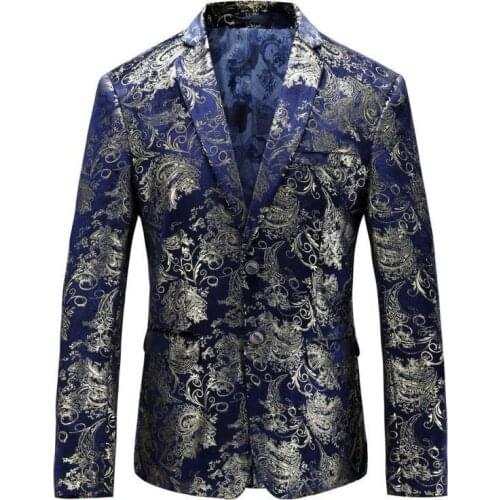 Floral Mens Blazer Hombre Gold Print Slim Fit Blazer Jackets Blue Wine With Gold Print Stage Costumes For Singers Over Size 5XL