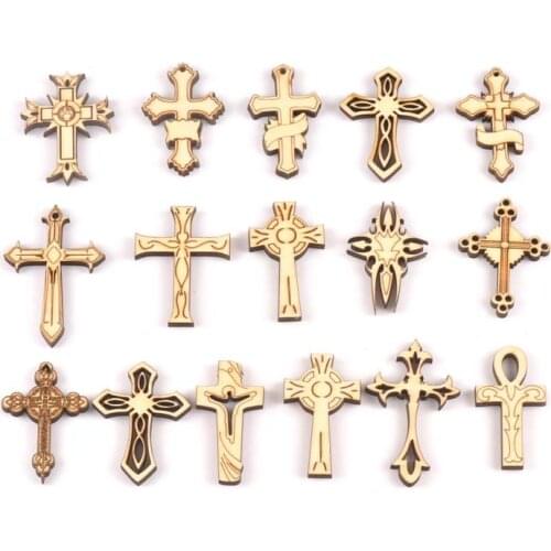 New 10pcs Mixture Retro Cross Wooden Ornaments Pattern Scrapbooking Crafts DIY Wood For Home Decoration Embellishments m2163