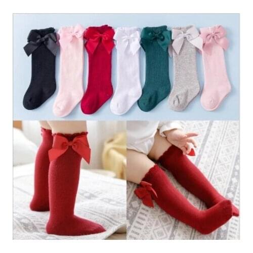 FOCUSNORM 7 Colors Baby Girls Long Stocking Solid Color Big Bow Knee High Stocking Cute Lacework Princess Leg Warmer 0-7Y