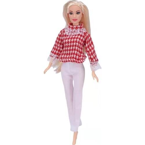 Fashion Red Houndstooth Plaid Top Trousers for Barbie Doll Clothes Outfits Long Sleeve Shirt White Pants 1/6 BJD Dolls Accessory
