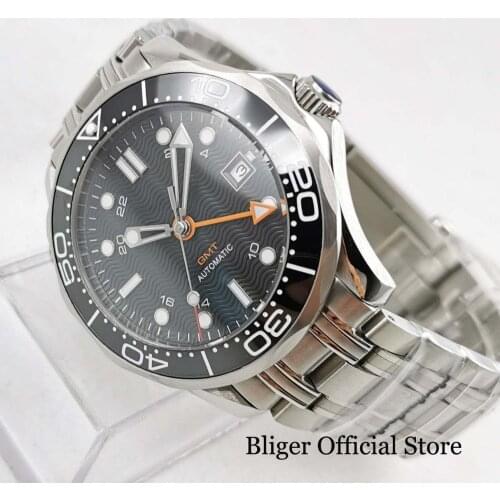 BLIGER Mens Watch With Sapphire Crystal Stainless Steel Case Bracelet 41mm Wristwatch Luminous Marks Ceramic Bezel