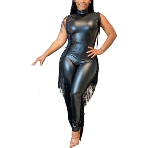 Sexy Black PU Leather Long Jumpsuits Tassel Solid Sleeveless High Waist Elegant For Evening Party Night Luxury Rompers Cloth Hot