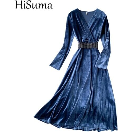 HISUMA Spring Autumn Women V-Neck Long Sleeve Pleated Velvet Ruffles Dress With Belt New Lady Elastic Slim Waist Chic Midi Dress