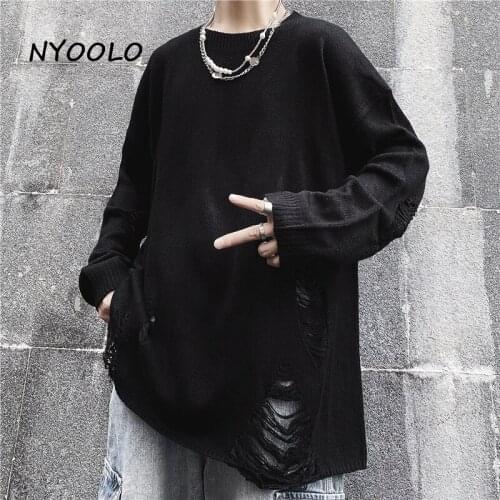 NYOOLO Casual Streetwear Ripped Hole Long Sleeve Pullovers Knitted Sweaters Women Men Clothes Autumn Hip Hop Knitwear Goth Tops