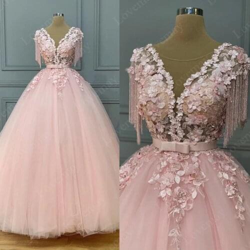 Pink Ball Gown Evening Dresses 2021 V Neck Tassel Prom Dresses Beaded Appliques Party Evening Gowns вечернее платье Robe