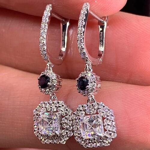 14K White Gold Women Drop Clip Hoop Earrings U Black Moissanite Diamonds 0.5 1 2 3 Ct Square Princess Wedding Party Anniversary