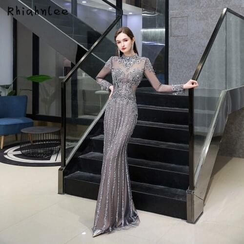 Dark Gray Long Sleeve Dubai Evening Dresses High Neck Luxury Beading Mermaid Evening Gowns 2020 New Styles Formal Dress