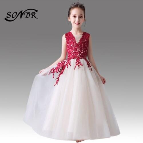 Girl Party Gowns HT071 Red Embroidered Lace Dress for Girls Vintage Elegant Flower Girl Dresses Long Primera Comunion Decoracion