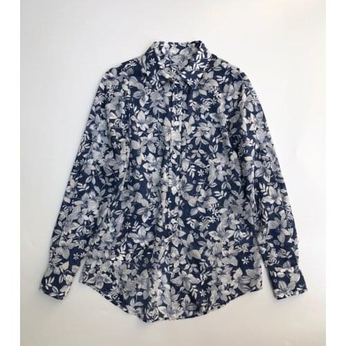 Women Shirt Blue Flower Cotton Shirt Early Autumn Vintage Blue Floral Clear Smart Small Stand Long Sleeve Shirt
