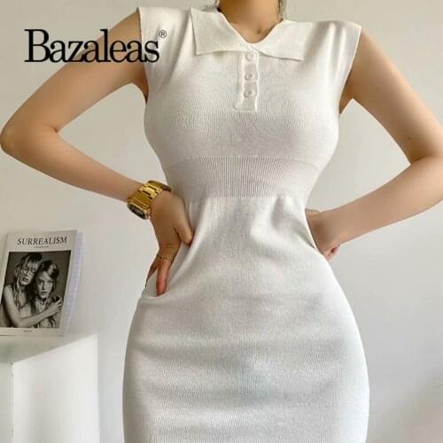 Bazaleas Women Dresses Short Sleeve Elastic Waist One-piece Dress Vintage Collar Neck