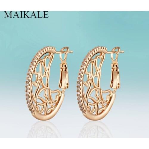 MAIKALE New Fashion Hollow Heart Stud Earrings Cubic Zirconia Gold Silver Color Plated Round Earrings for Women Accessories Gift