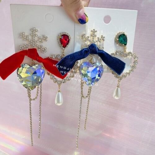 MENGJIQIAO Fashion Winter Flocking Bowknot Drop Earrings For Women Girls Crystal Snowflake Heart Pendientes Christmas Jewelry