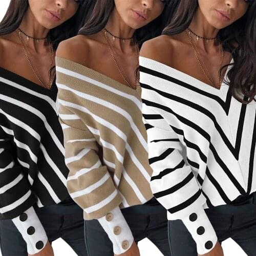 New off the shoulder striped V-Neck Sweater loose long sleeve base coat womens spring and autumn top sweater