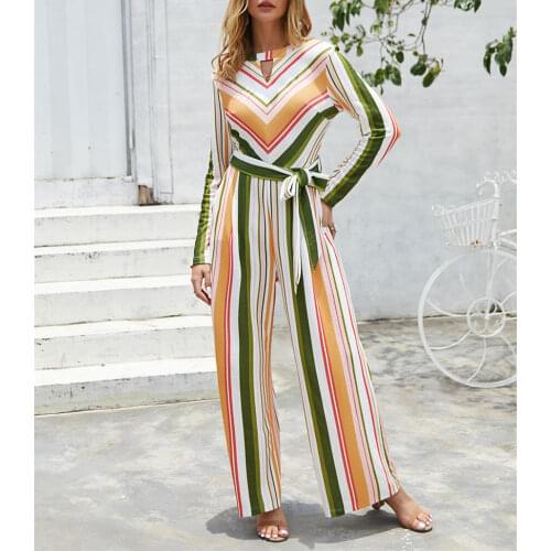Pdfmily Autumn Winter Women Striped Casual Jumpsuit Colorful Hollow Out Long Sleeve Rompers Ladies Frenulum Overall Jumpsuit