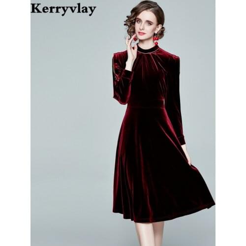 Winter Wine Red Velvet Long Sleeve Midi Party Birthday Women Dress Vestidos Invierno 2021 Mujer Ropa Mujer Talla Grande K8231