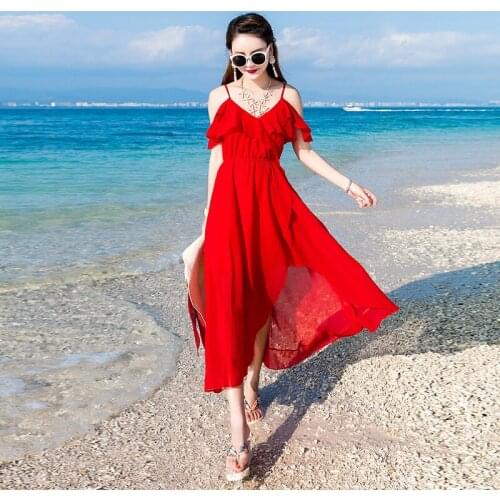 TingYiLi Women Summer Long Beach Dress V-neck Off Shoulder Ruffle Slip Dress Elegant Ladies Holiday Boho Slit Chiffon Maxi Dress