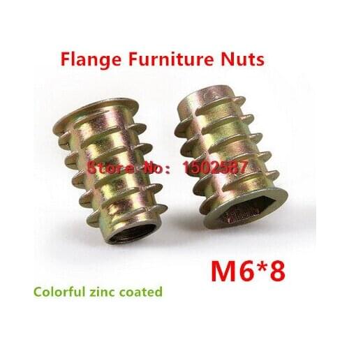 100pcs/lot M6*8 Furniture Nut Zinc Alloy Steel Colorful Plated Flanged Hex Drive Internal Thread Insert Wood Nuts
