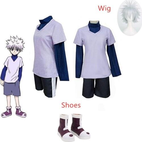 Anime Hunter X Hunter Cosplay Costume Killua Zoldyck Full Set Shorts Pants Carnival Party Role Play Costumes for Men Women Wig