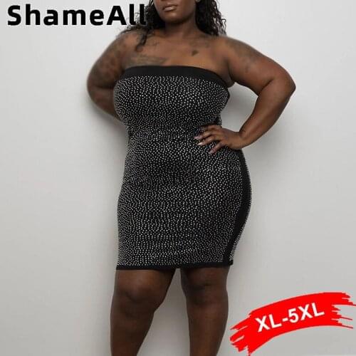 Plus Size Glitter Dress Shiny Birthday Party 4XL Sleeveless Off Shoulder Summer Strapless Dresses Bodycon Sexy Short Prom Dress