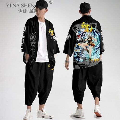 Harajuku Kimono Men Japanese Kimono Cardigan Anime Cosplay Blouse Japanese Yukata Haori Loose Robe Summer Beach Casual Cardigan