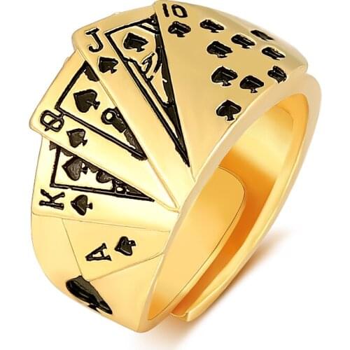 Punk Style Poker Straight Flush Hearts Ring For Men Resizable Punk Gold Color Rings
