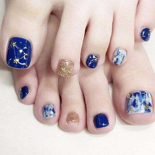 Beautiful starry sky of blue and golden hit pure color false nails for toe Summer cute toe nails french 24pcs with glue