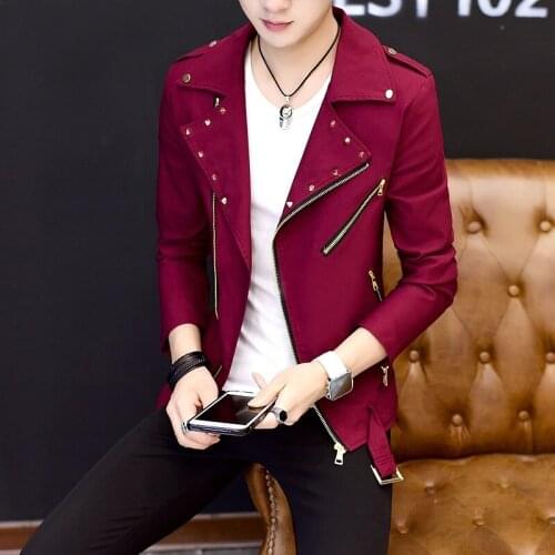 2021 Mens Rivet Jacket Youth Oblique Zipper Lapel Handsome Casual Jacket