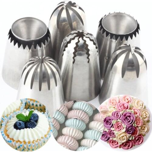 6Pcs Large Cream Cake Russian Nozzles Rose Stainless Steel Icing Piping Donut Tips Cupcake Cake Dessert Decorating Baking Tools