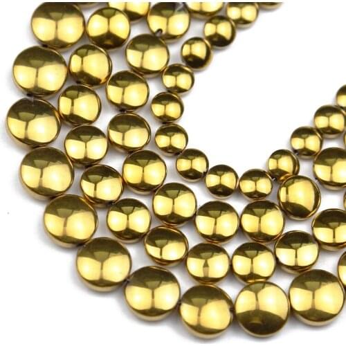 Natural Gold Hematite Stone Beads 6/8/10mm Flat Round Coin Spacer Loose For Jewelry Making Diy Bracelets Accessories 15"inch