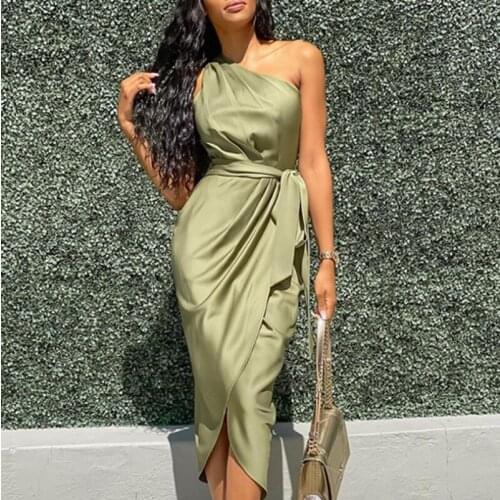 2021 new womens dress fashion oblique shoulder irregular strap dress with belt