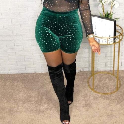 New Green Velvet Beaded Short Pants High Waist Solid Sheath Elegant For Evening Party Night Club Clothes Femme Trousers 2020 Hot