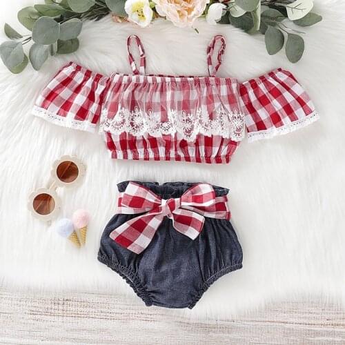 Toddler Girl Clothes 2piece Summer Sets Plaid Off Shoulder Lace Top Flare Sleeves High Waist Shorts