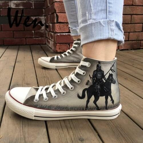 Wen Custom Design Knight Warrior Horse Hand Painted Canvas Skateboard Shoes for Adults Unique Gifts High Top Athletic Sneakers