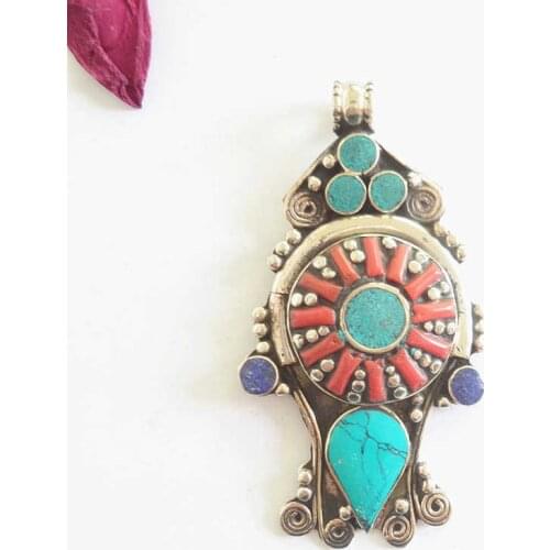 TBP742 Nepal Hand Vintage Big Pendants Tibetan Ethnic Jewelry Copper Inlay Colorful Stone