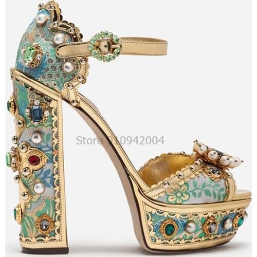 Ankle Straps Womens Sandals Luxury Summer Shoes Crystal Beaded Sexy Platform High Heels Ladies Sandals Large Size Party Shoes