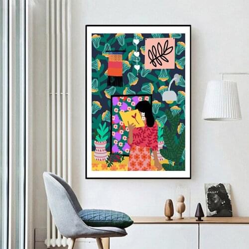 Nordic Colorful Abstract Poster and Prints Reading Woman Feture Painting on The Wall Decor for Home Living Room No Frame