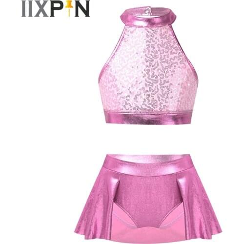 Kids Girls Ballet Dance Gymnastics Clothes Outfits Sleeveless Sequins Crop Tops Skirt Set Contemporary Lyrical Dance Costumes