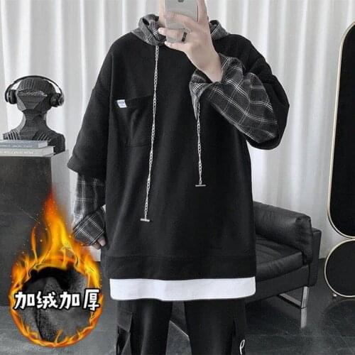 Black Fake two-piece Hoodie men plus fleece Thicken oversized sweatshirt top hoodie women pullover Harajuku Vintage Men hoodie