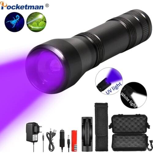8000Lums UV Flashlight 5Mode Torch Mini UV Light Zoomable Function Ultra Violet Light Blacklight use 18650 Battery for hunting