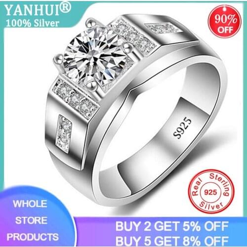 YANHUI 100% Real 925 Sterling Silver Big Zirconia Diamond Rings for Women Man Gift Wedding Band Engagement Jewelry MJZ008