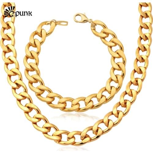 Jewelry Sets Men Necklace Bracelet Set Gold//Rose Gold color Wholesale Curb Cuban Chain Necklace Trendy Punk S754G