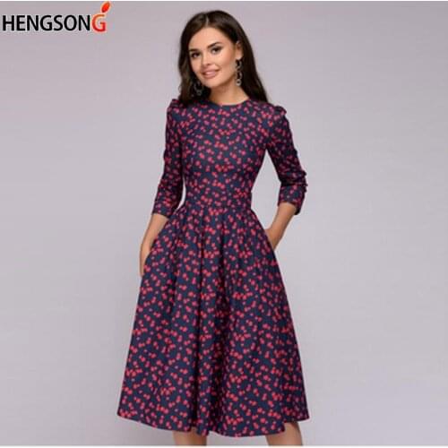 2020 Womens Autumn Clothing Printed A-Line Dress Three Quarter Sleeve Vintage Floral Pattern Dresses with Pocket Robe Femme