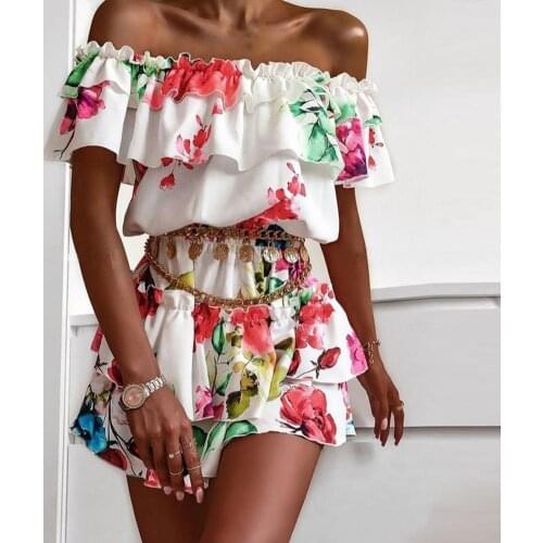 Women Summer Sexy Off Shoulder Ruffle Mini Dress Elegant Slash Neck Party Dress Casual Vintage Floral Print Ladies Beach Dresses