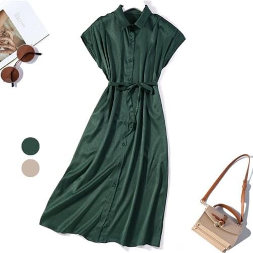 Womens 93% Mulberry Silk 7% Spandex jacquard Silk green color shirt neck buttons down Long Dress JN827