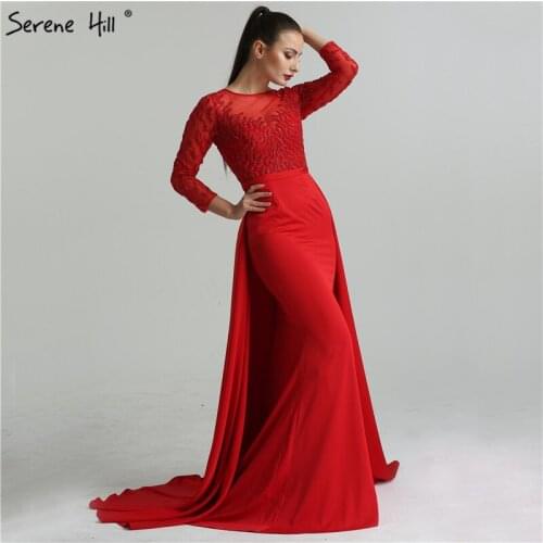 2019 Red Black Beading Mermaid Evening Dresses With Attachable Train Long Sleeves Fashion Elegant Sexy Evening Gown DLA6275