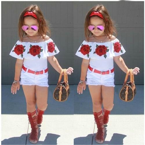 2021 Summer Toddler Baby Girl Clothes Flower Off Shoulder Ruffled Tops+Denim Ripped Shorts 2pcs/set Outfits Kids Girl Clothes