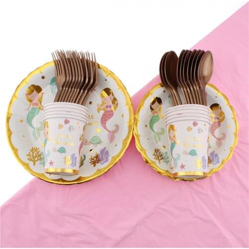 51Pc/Set Bronzing Mermaid Theme Disposable Tableware Birthday Decoration Baby Shower Fork Tablecloth Spoon Napkin Party Supplies