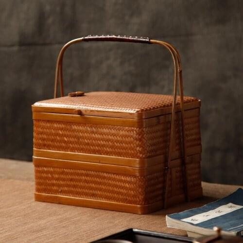 Bamboo Cabas Portable Retro Basket Bamboo Double Layer Food Container Tea Ceremony Tea Set Storage Box Basket Tray Antique